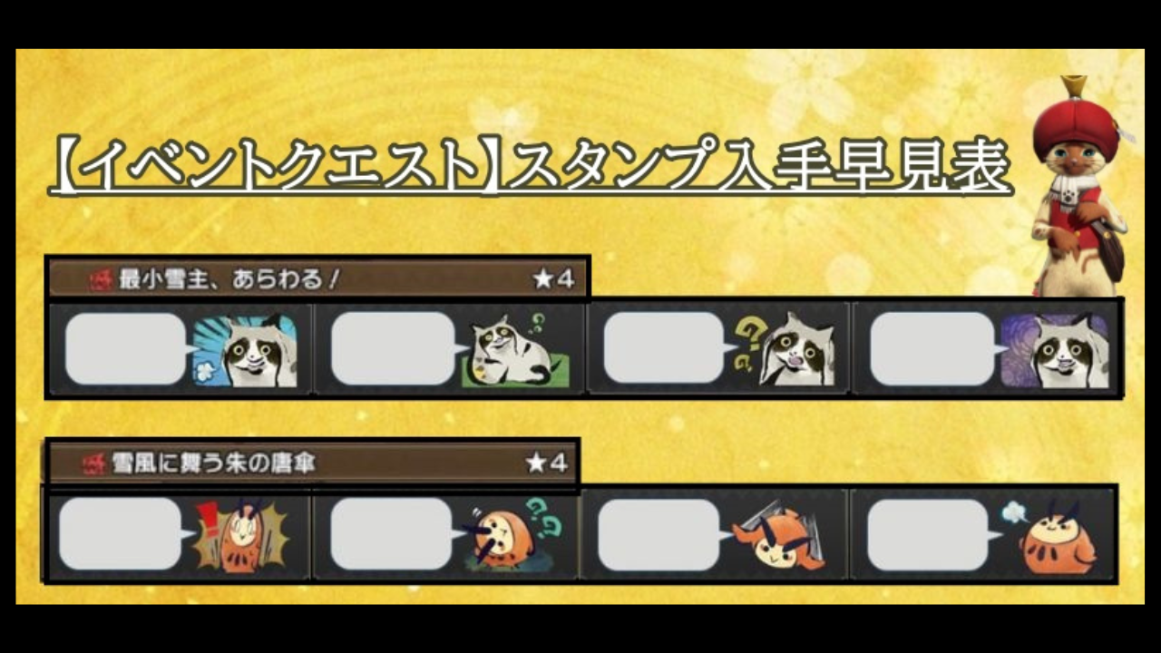 サンブレイク】＜イラスト付＞イベントクエスト報酬スタンプ早見表
